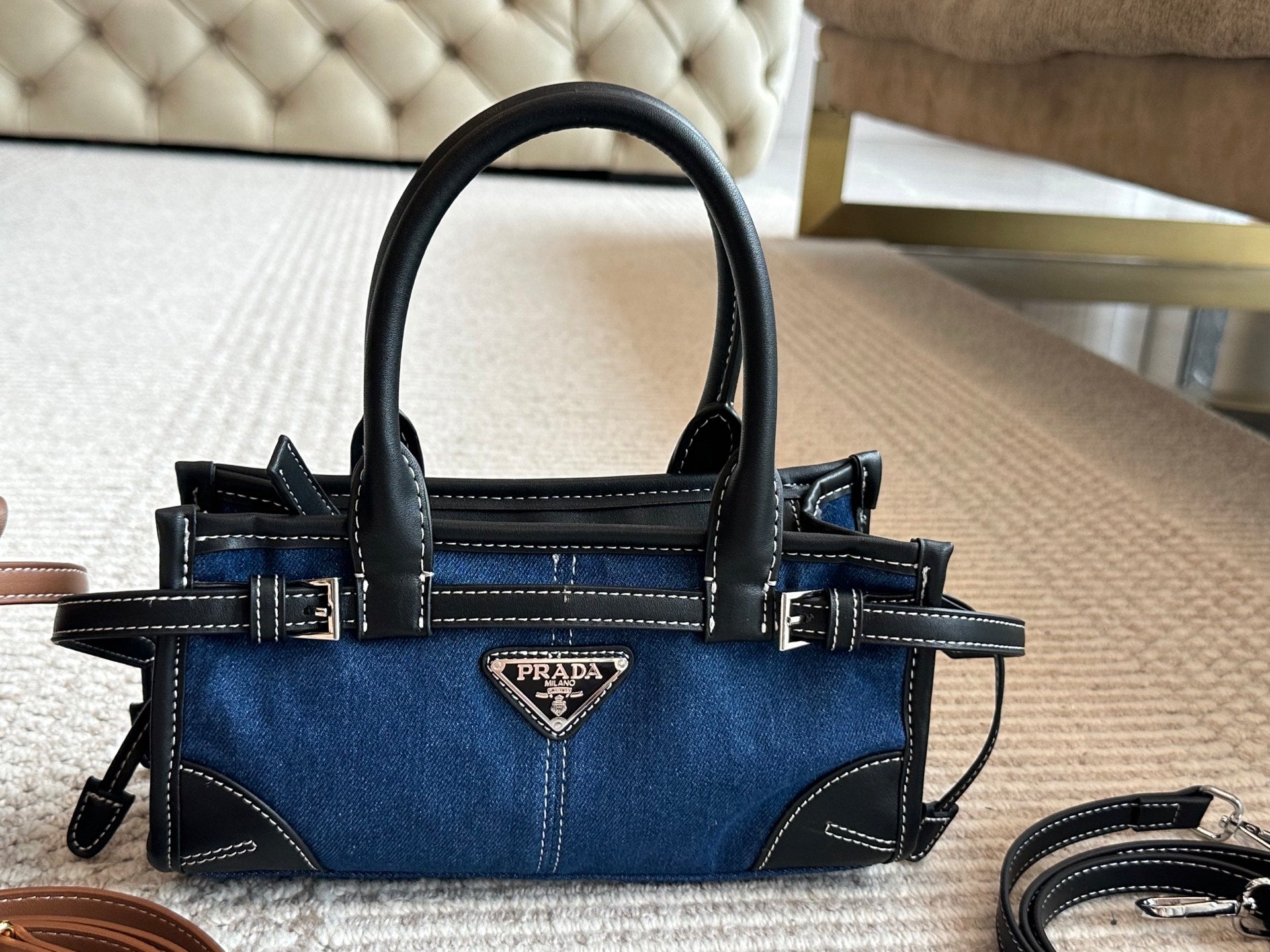Prada Structured Handbag – Blue Denim & Black Fabric with Leather Accents