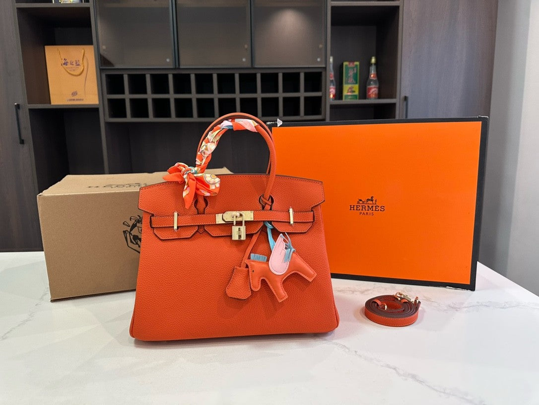 Hermès Birkin Handbags – Size 25 & 30 cm with Gold Hardware, Silk Scarves & Charms