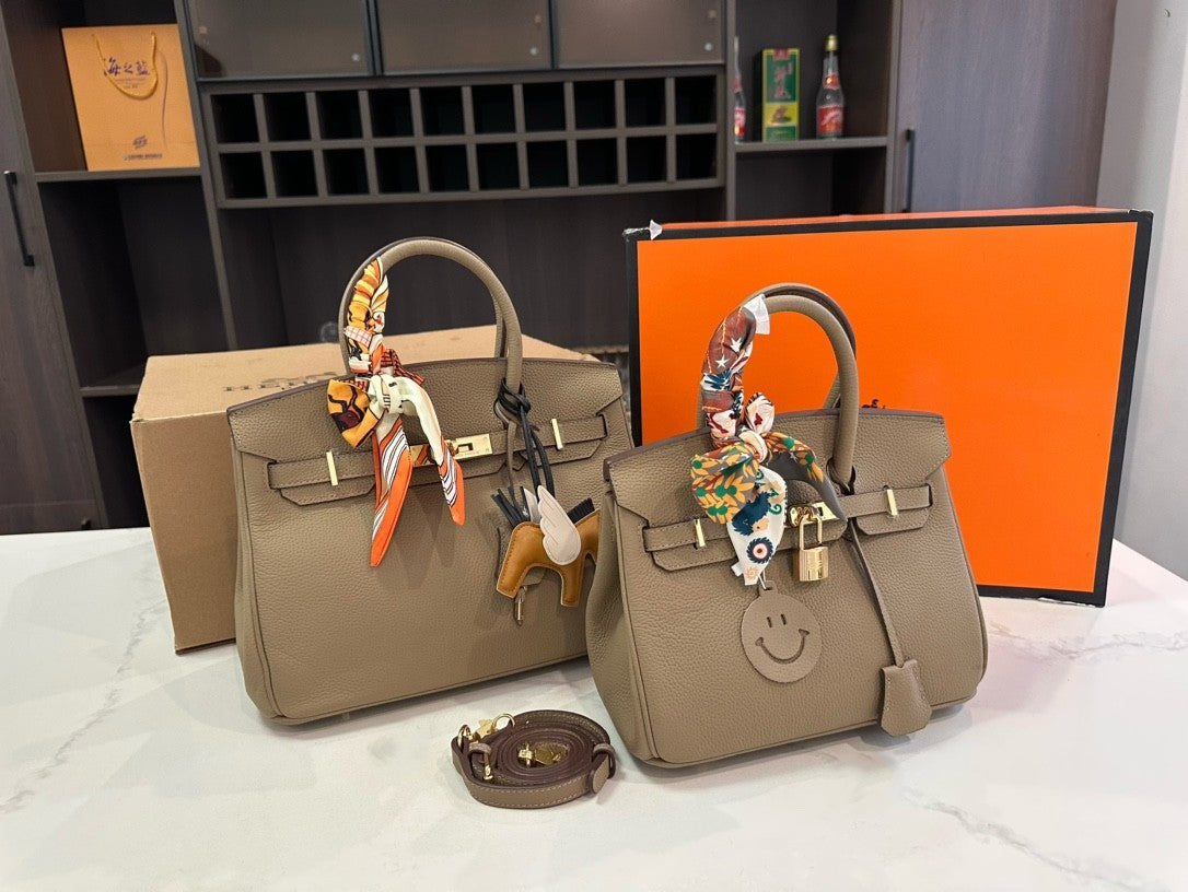 Hermès Birkin Handbags – Size 25 & 30 cm with Gold Hardware, Silk Scarves & Charms