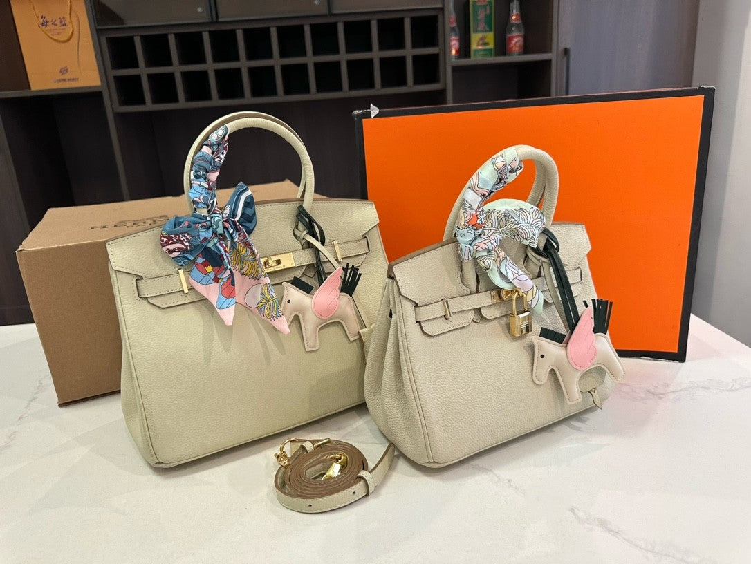 Hermès Birkin Handbags – Size 25 & 30 cm with Gold Hardware, Silk Scarves & Charms