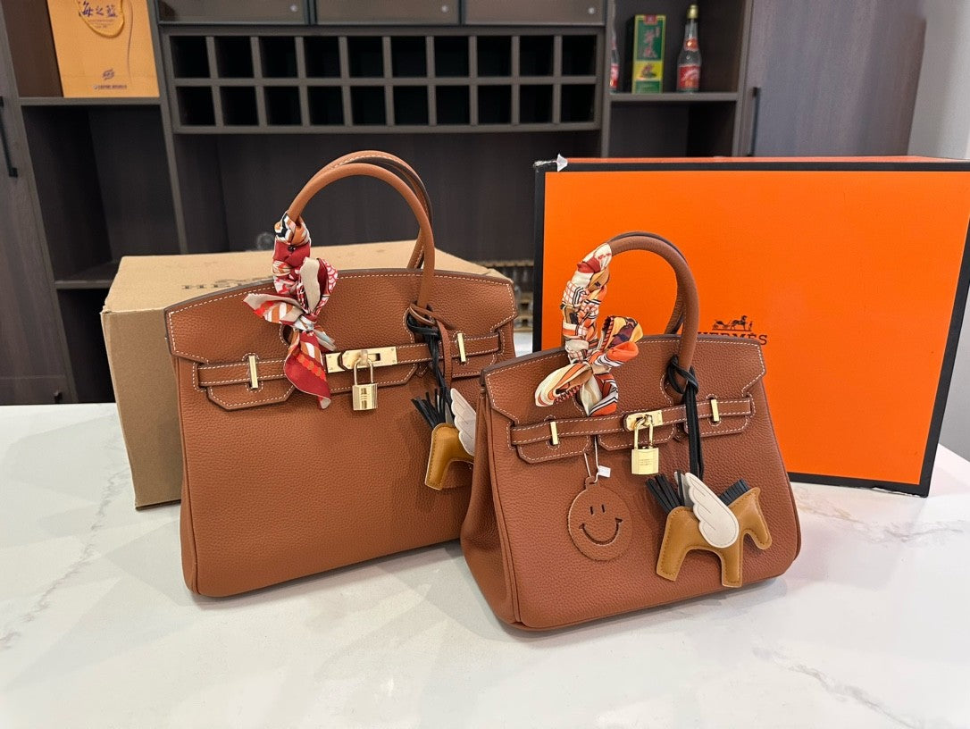 Hermès Birkin Handbags – Size 25 & 30 cm with Gold Hardware, Silk Scarves & Charms