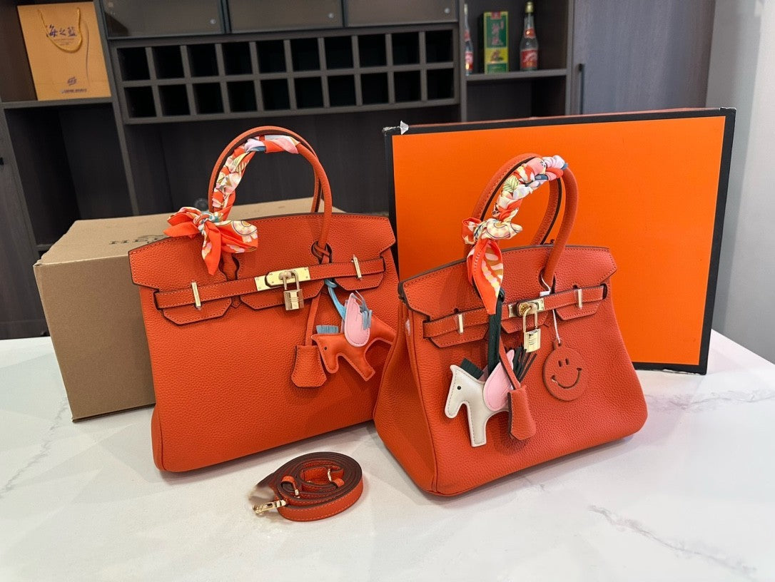 Hermès Birkin Handbags – Size 25 & 30 cm with Gold Hardware, Silk Scarves & Charms