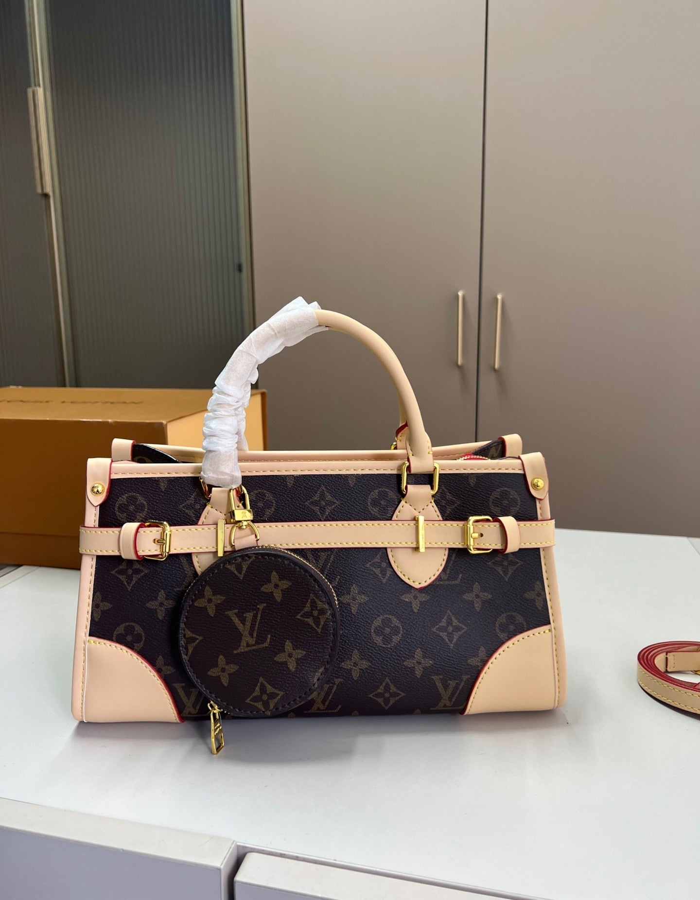 Louis Vuitton Structured Handbag | Beige Monogram Canvas with Coin Purse