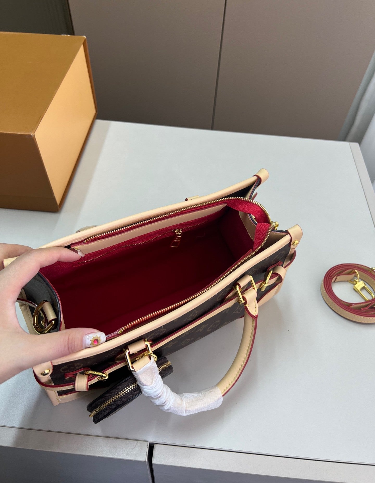 Louis Vuitton Structured Handbag | Beige Monogram Canvas with Coin Purse
