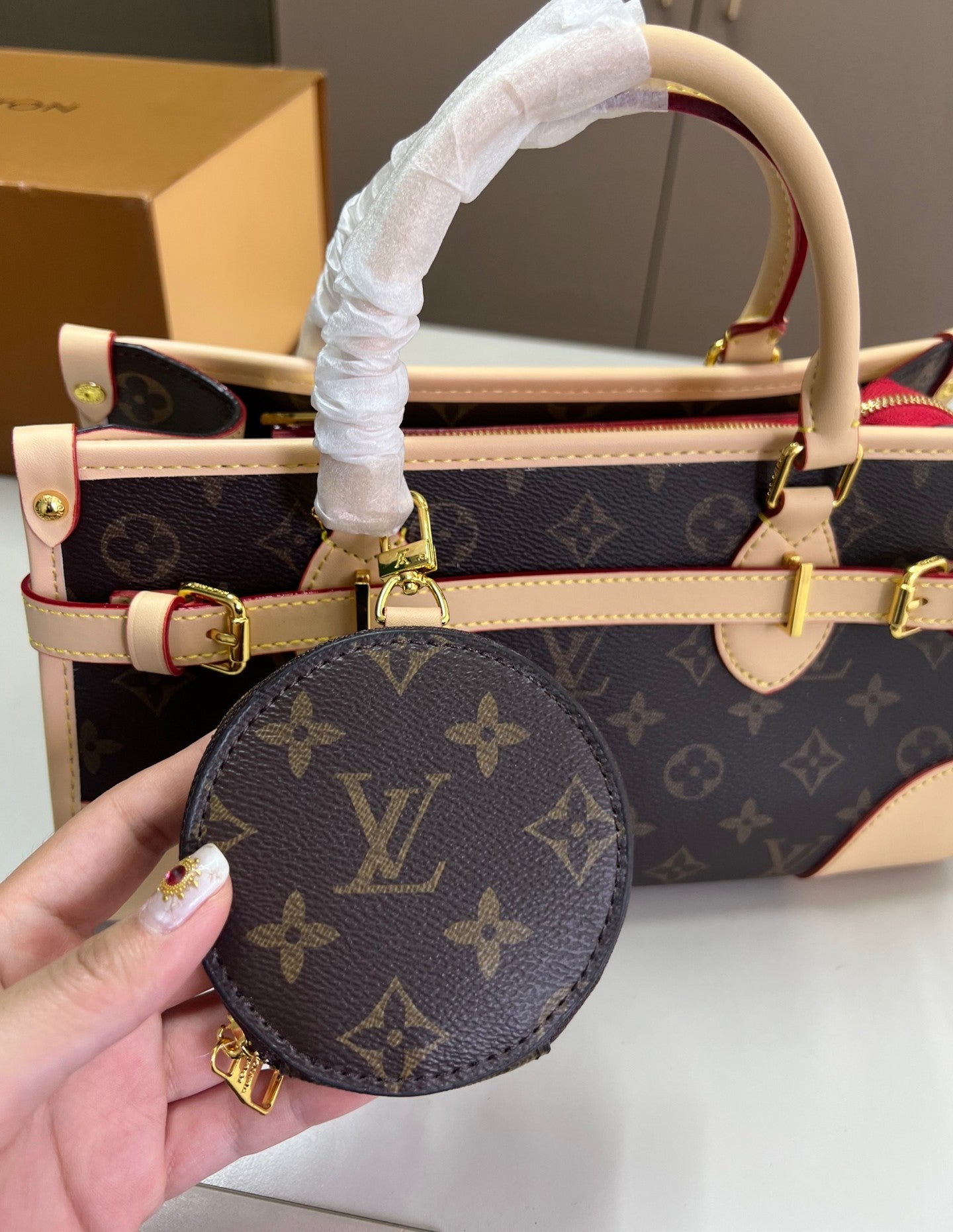Louis Vuitton Structured Handbag | Beige Monogram Canvas with Coin Purse