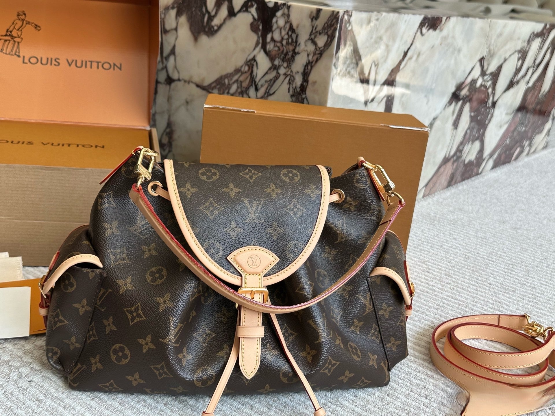 Louis Vuitton Monogram Drawstring Handbag – Buckle Flap Design