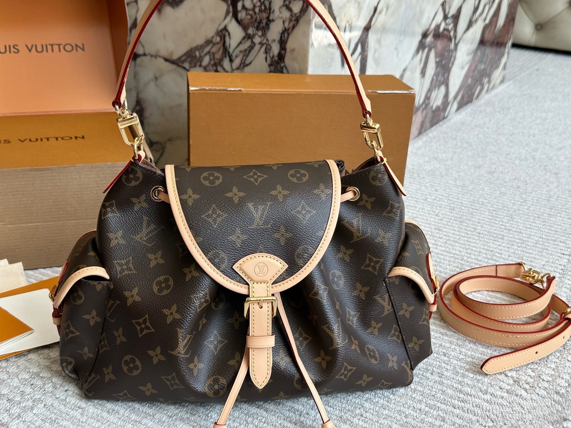 Louis Vuitton Monogram Drawstring Handbag – Buckle Flap Design