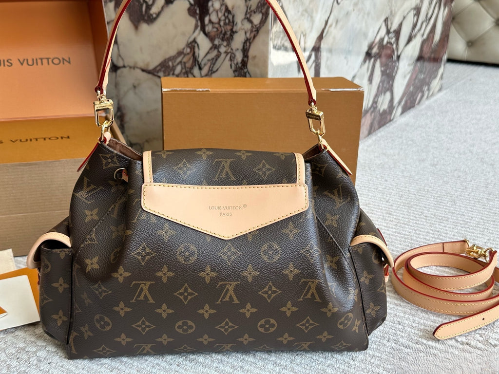 Louis Vuitton Monogram Drawstring Handbag – Buckle Flap Design