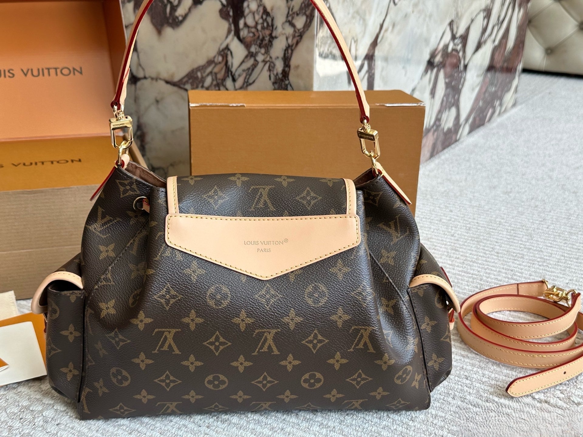 Louis Vuitton Monogram Drawstring Handbag – Buckle Flap Design