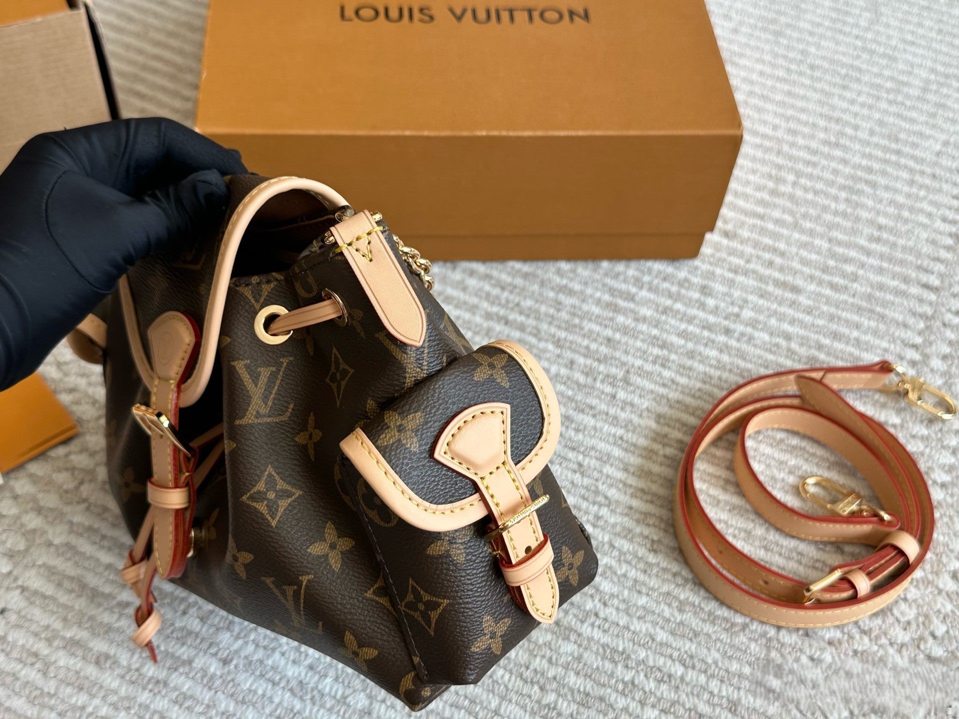 Louis Vuitton Monogram Drawstring Handbag – Buckle Flap Design