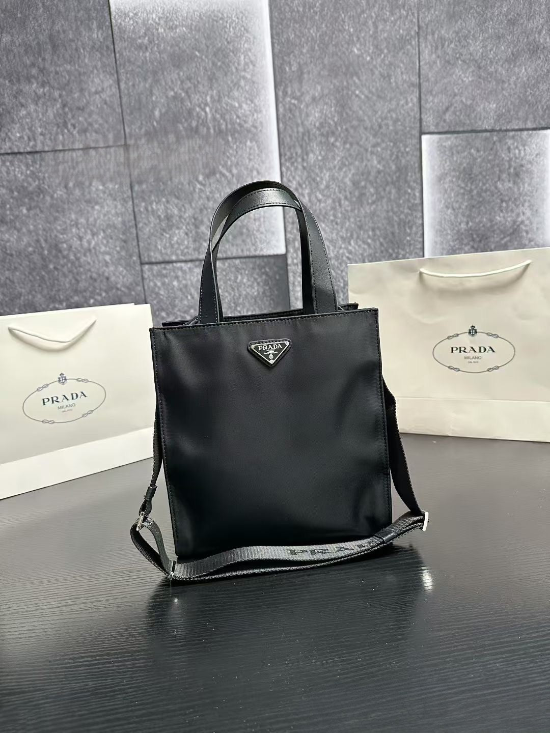 Prada Flap Handbag – Black Nylon with Dual Handles & Adjustable Strap