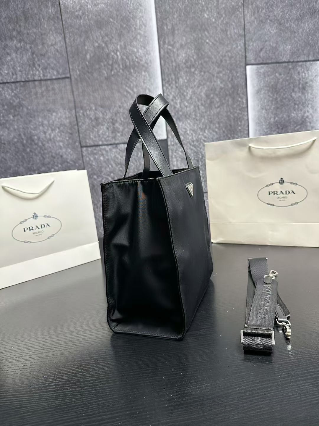 Prada Flap Handbag – Black Nylon with Dual Handles & Adjustable Strap