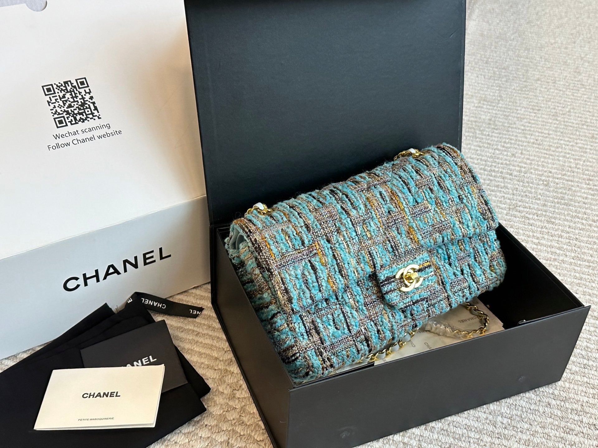 Chanel Tweed Flap Bag Collection Multicolor Textured Fabric with Gold Hardware