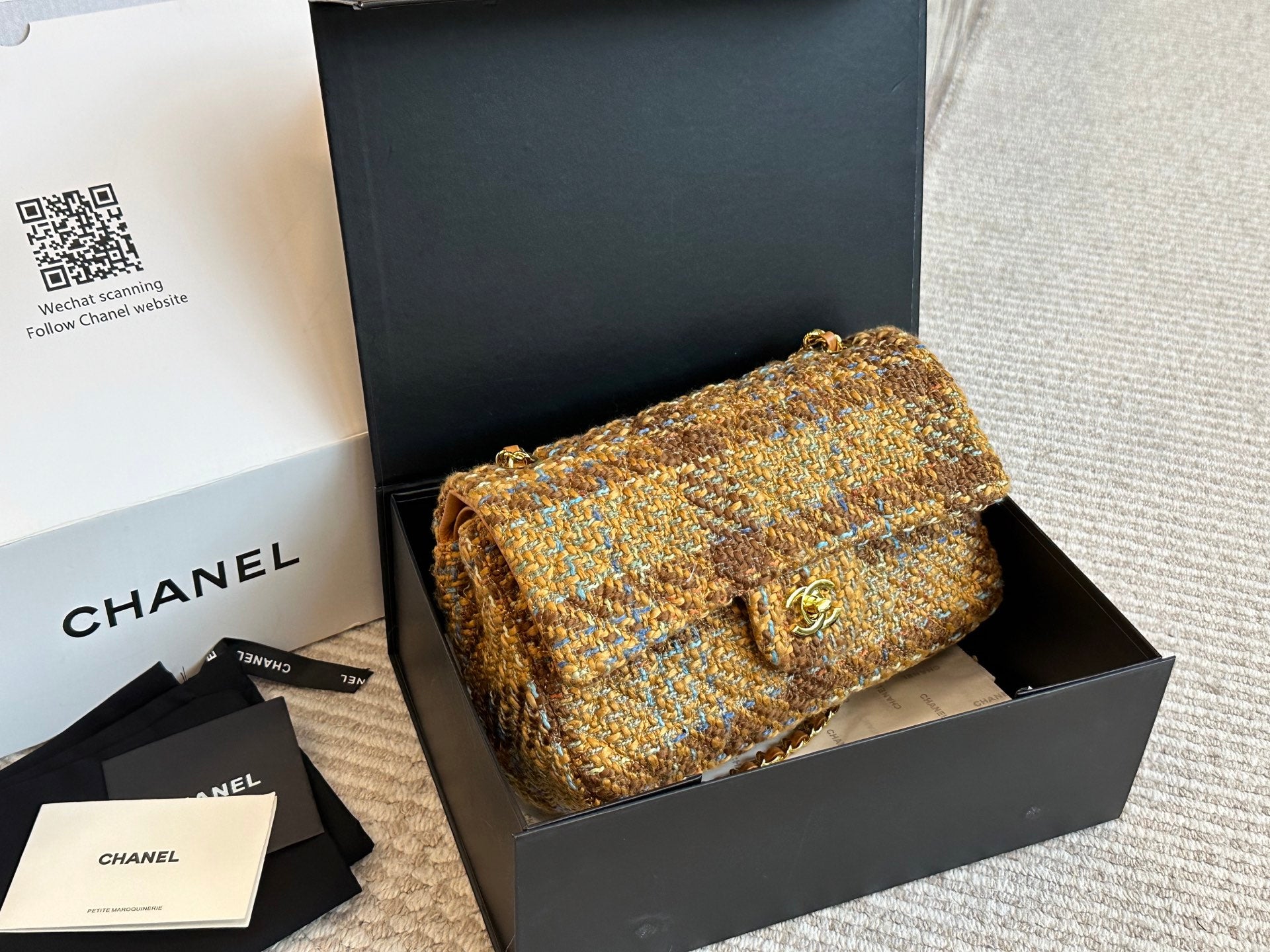 Chanel Tweed Flap Bag Collection Multicolor Textured Fabric with Gold Hardware