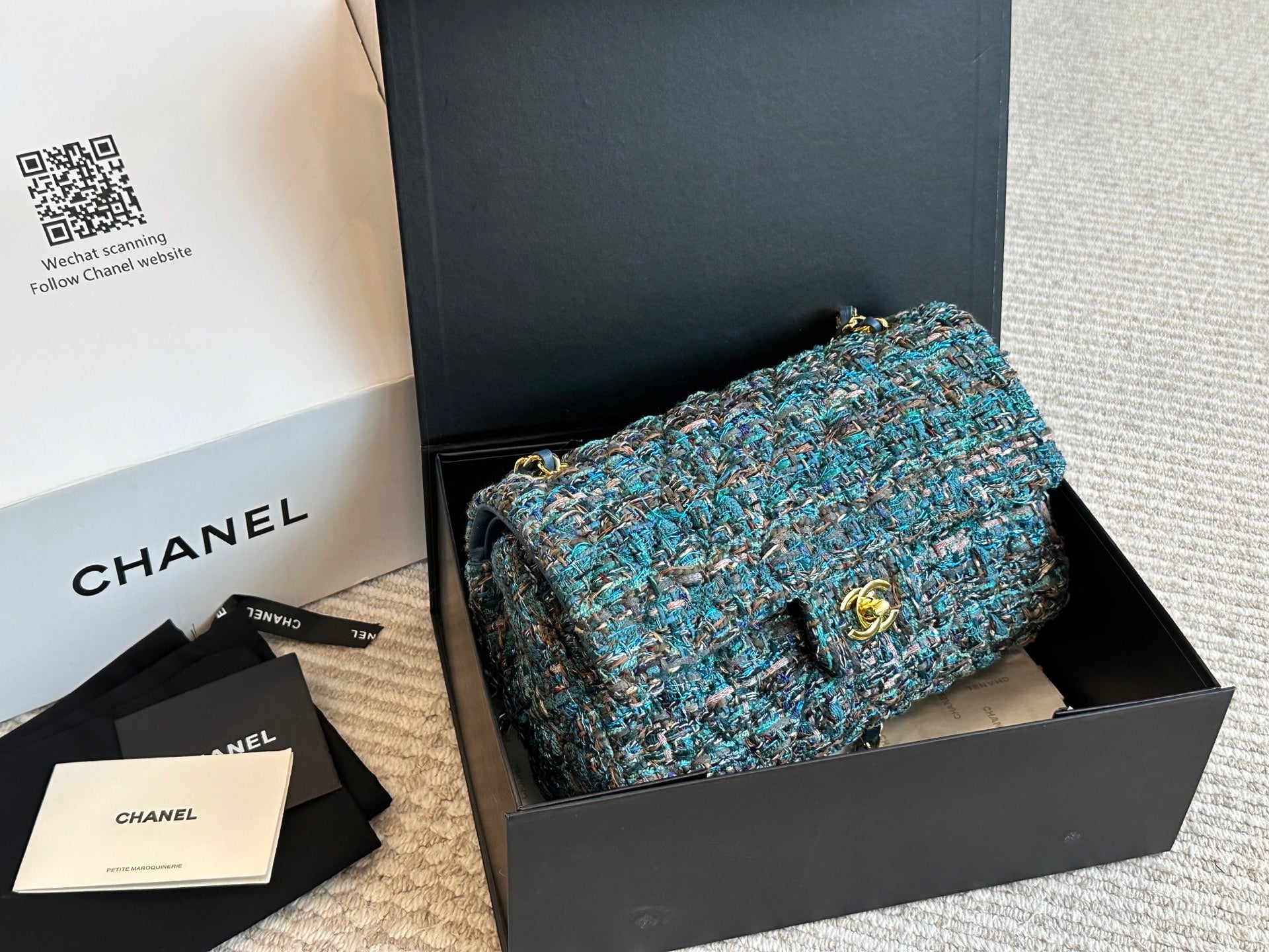 Chanel Tweed Flap Bag Collection Multicolor Textured Fabric with Gold Hardware