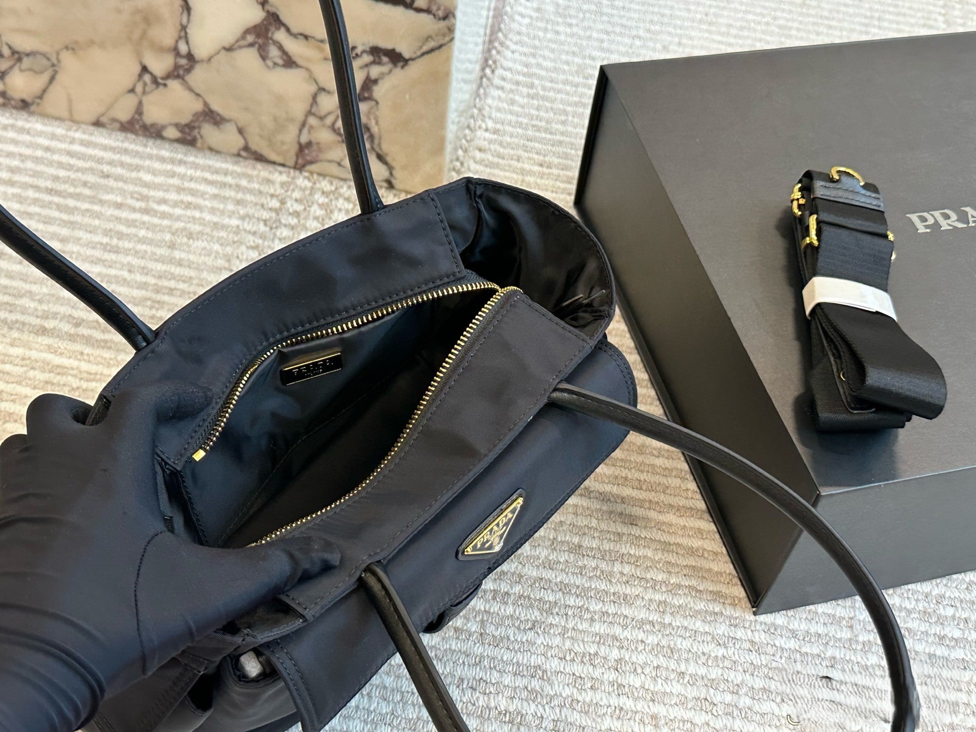 Prada Structured Flap Handbag – Black Nylon with Buckle Detail & Dual Handles