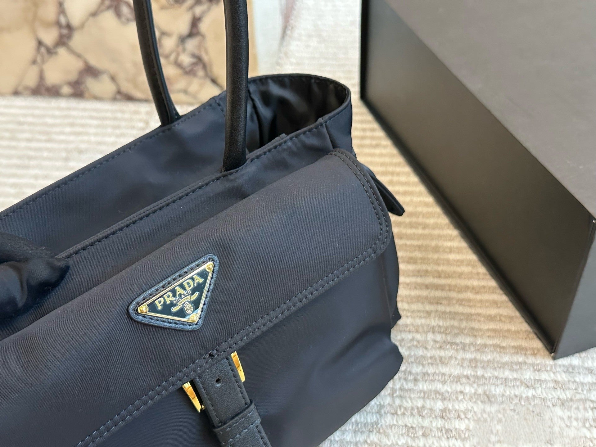 Prada Structured Flap Handbag – Black Nylon with Buckle Detail & Dual Handles