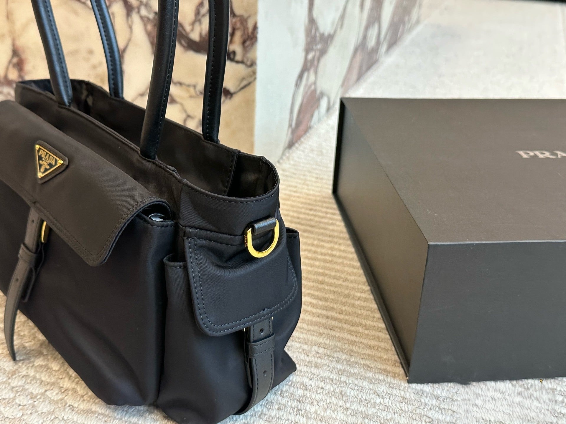 Prada Structured Flap Handbag – Black Nylon with Buckle Detail & Dual Handles