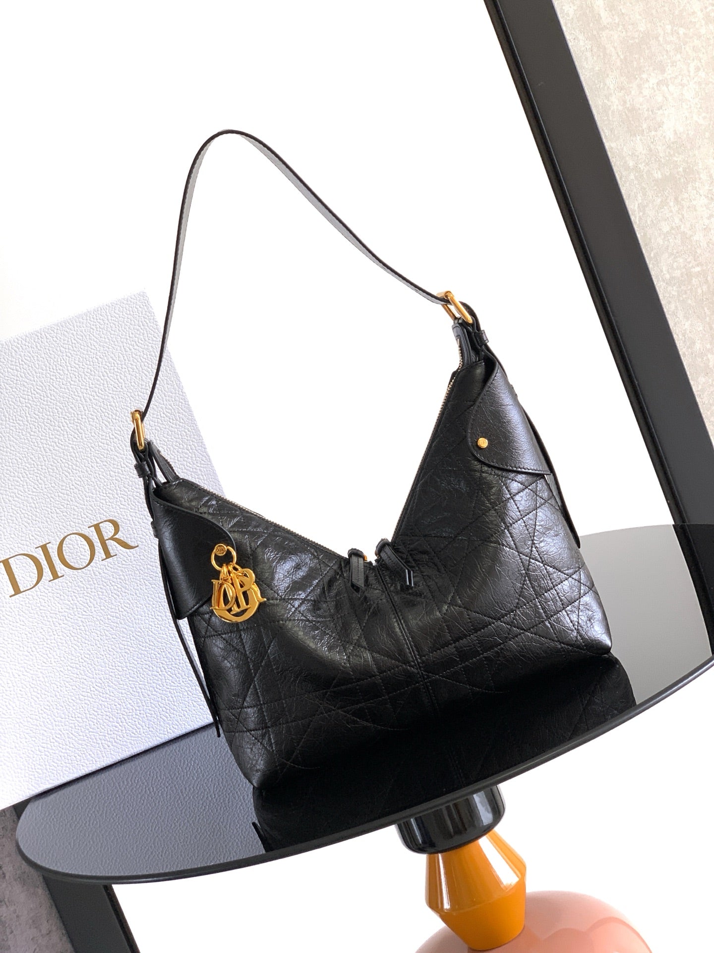 Dior Quilted Shoulder Bag with Gold Charm and Structured Silhouette