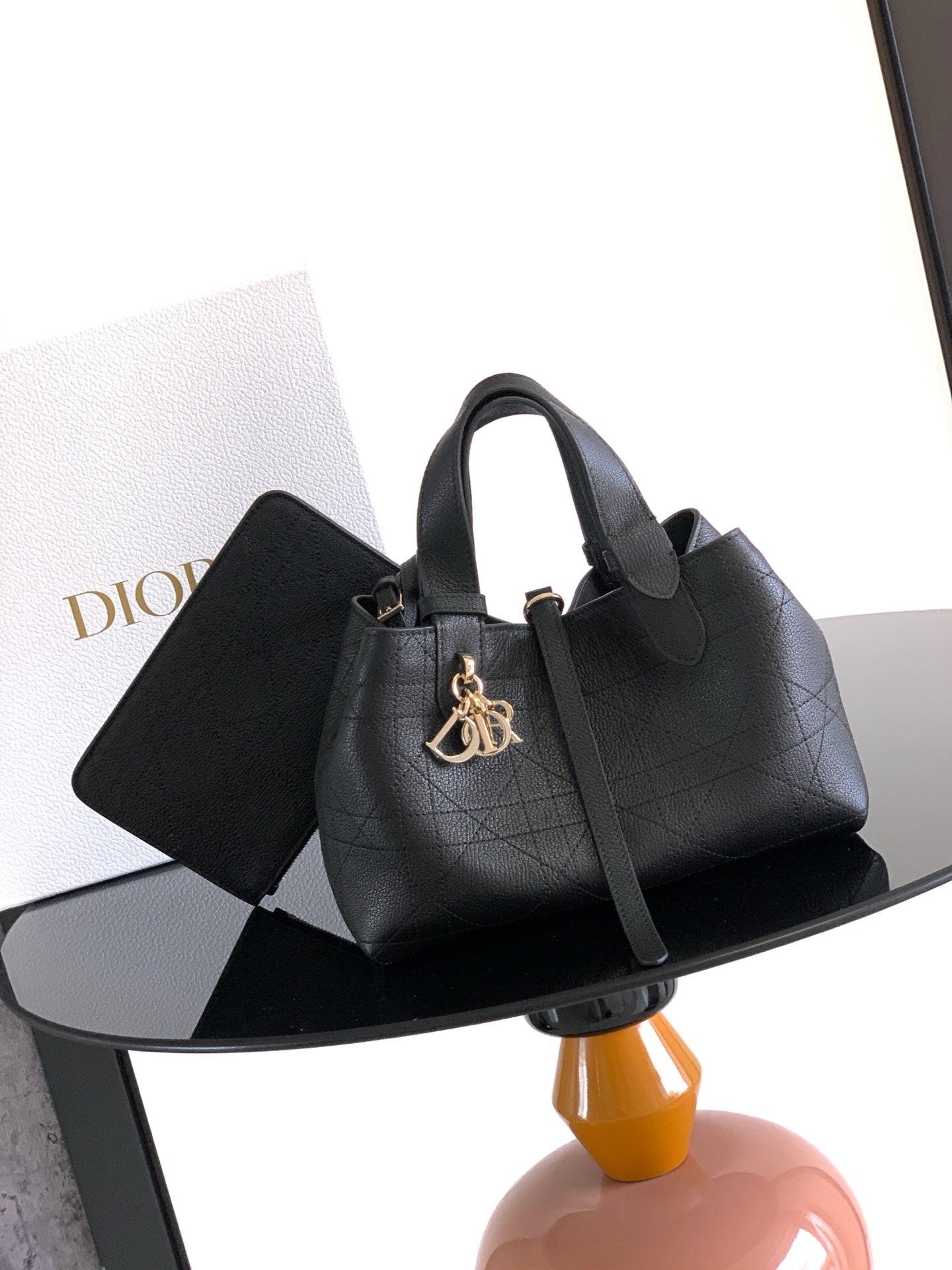 Dior Quilted Handbag & Pouch Set – Black with Gold Charm and Textured Finish