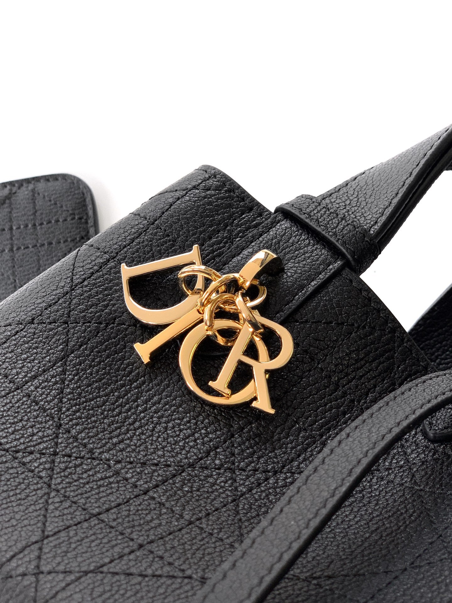 Dior Quilted Handbag & Pouch Set – Black with Gold Charm and Textured Finish