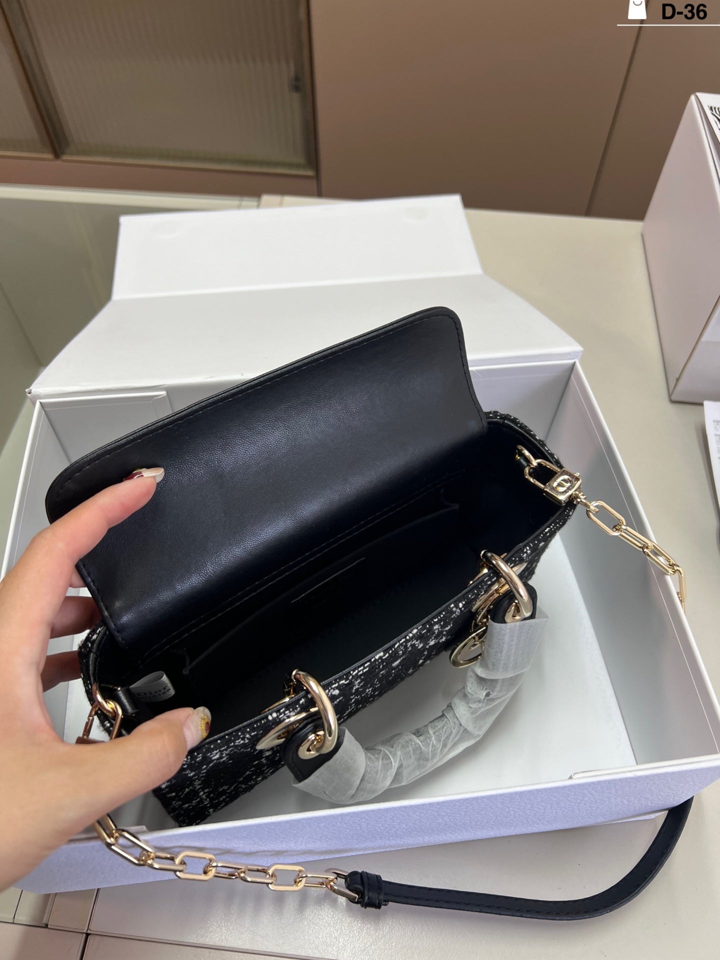 Dior Tweed Charm Handbag – Black & White with Gold Chain and DIOR Letters