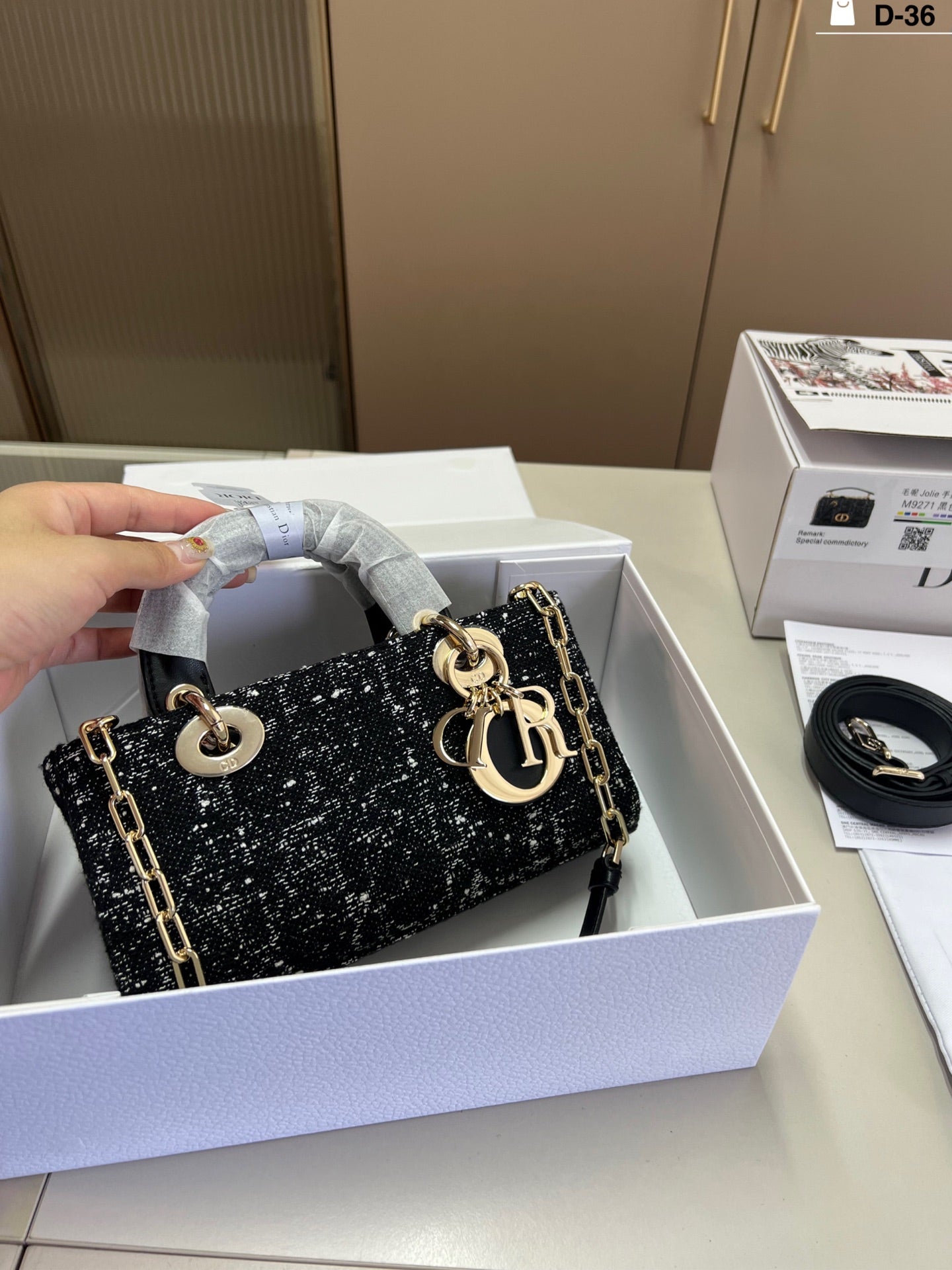 Dior Tweed Charm Handbag – Black & White with Gold Chain and DIOR Letters