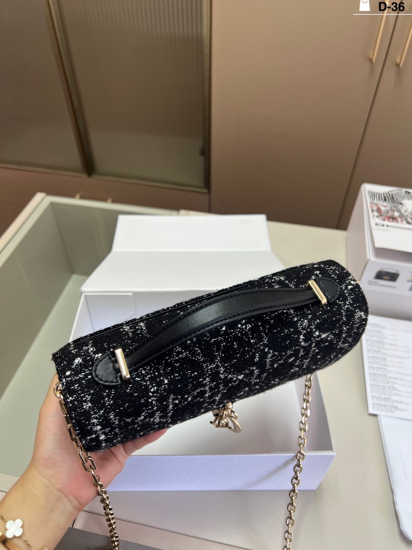 Dior Tweed Chain Handbag – Black & White with Gold Charm and Top Handle