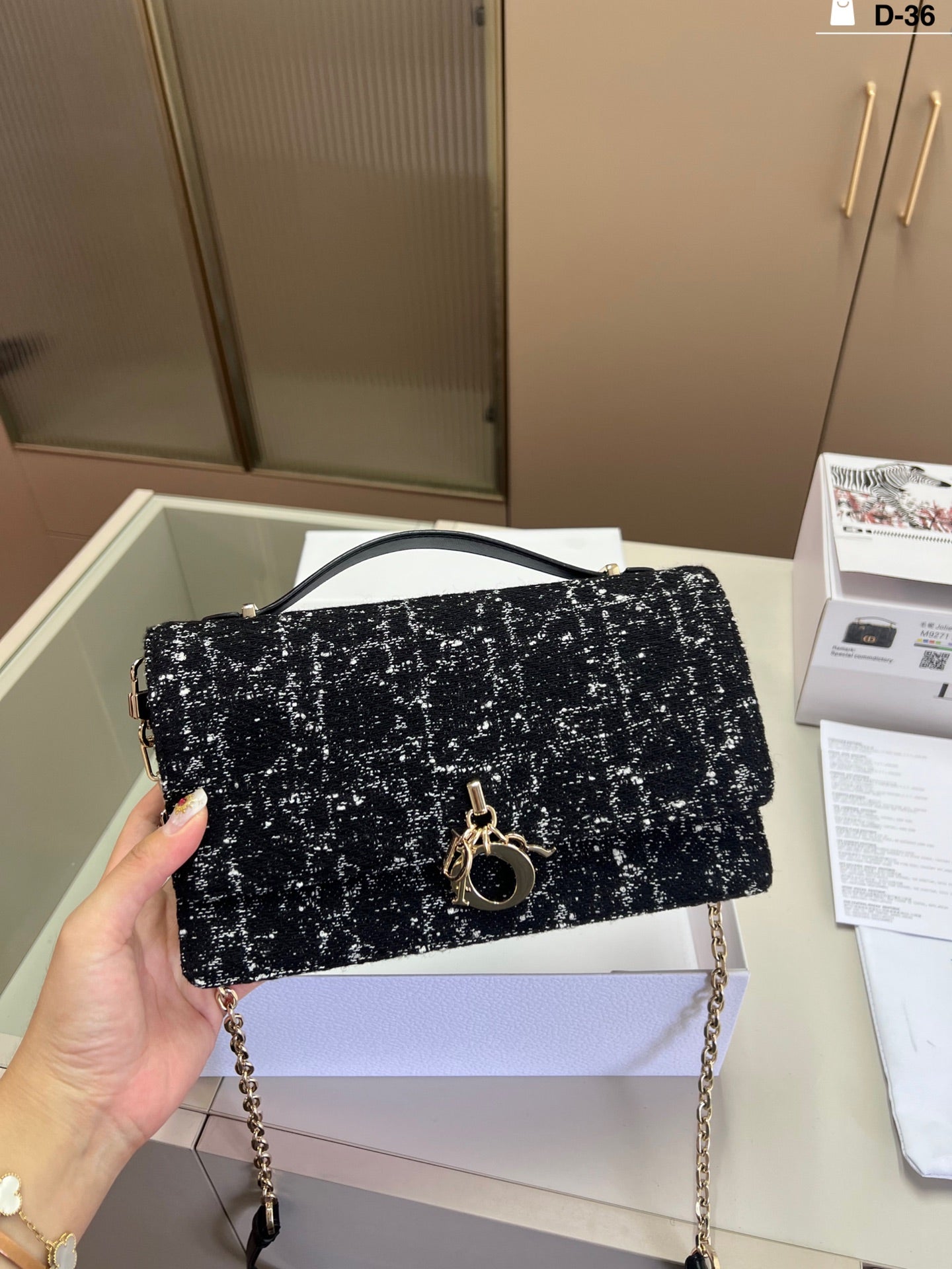 Dior Tweed Chain Handbag – Black & White with Gold Charm and Top Handle