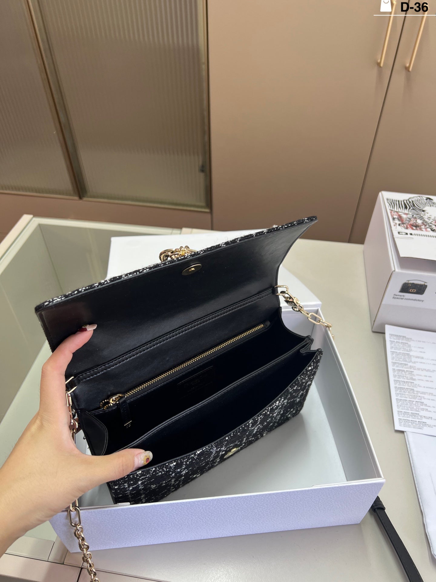 Dior Tweed Chain Handbag – Black & White with Gold Charm and Top Handle