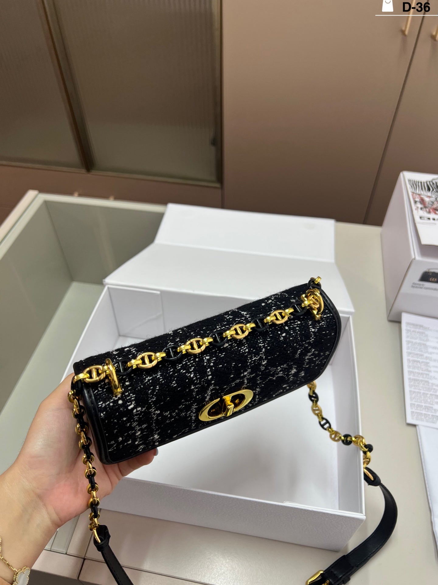 Dior Sparkle Chain Clutch – Black with Gold CD Clasp and Leather-Threaded Strap