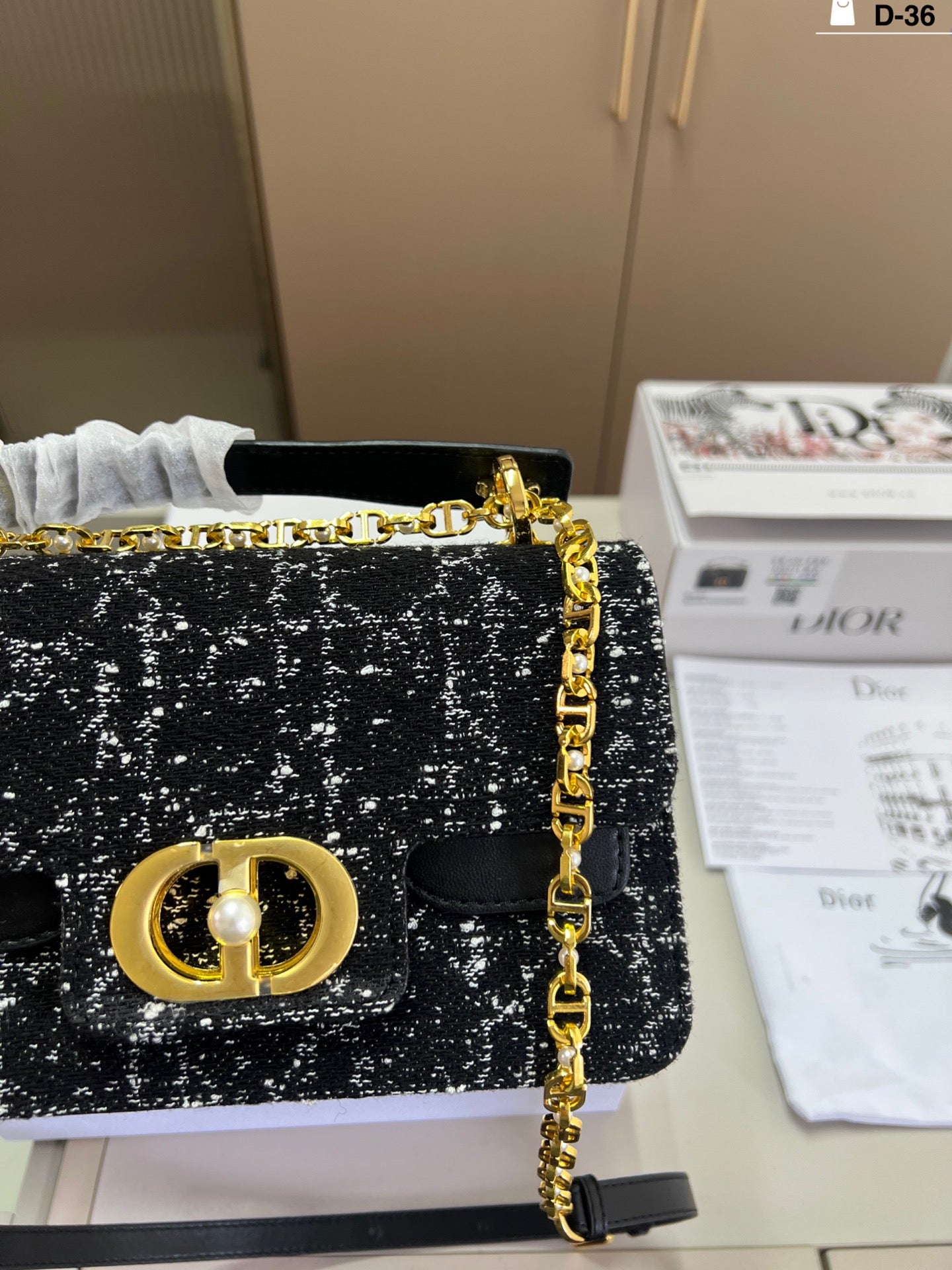 Dior Chain Clutch – Black & White Textured Finish with Gold CD Clasp