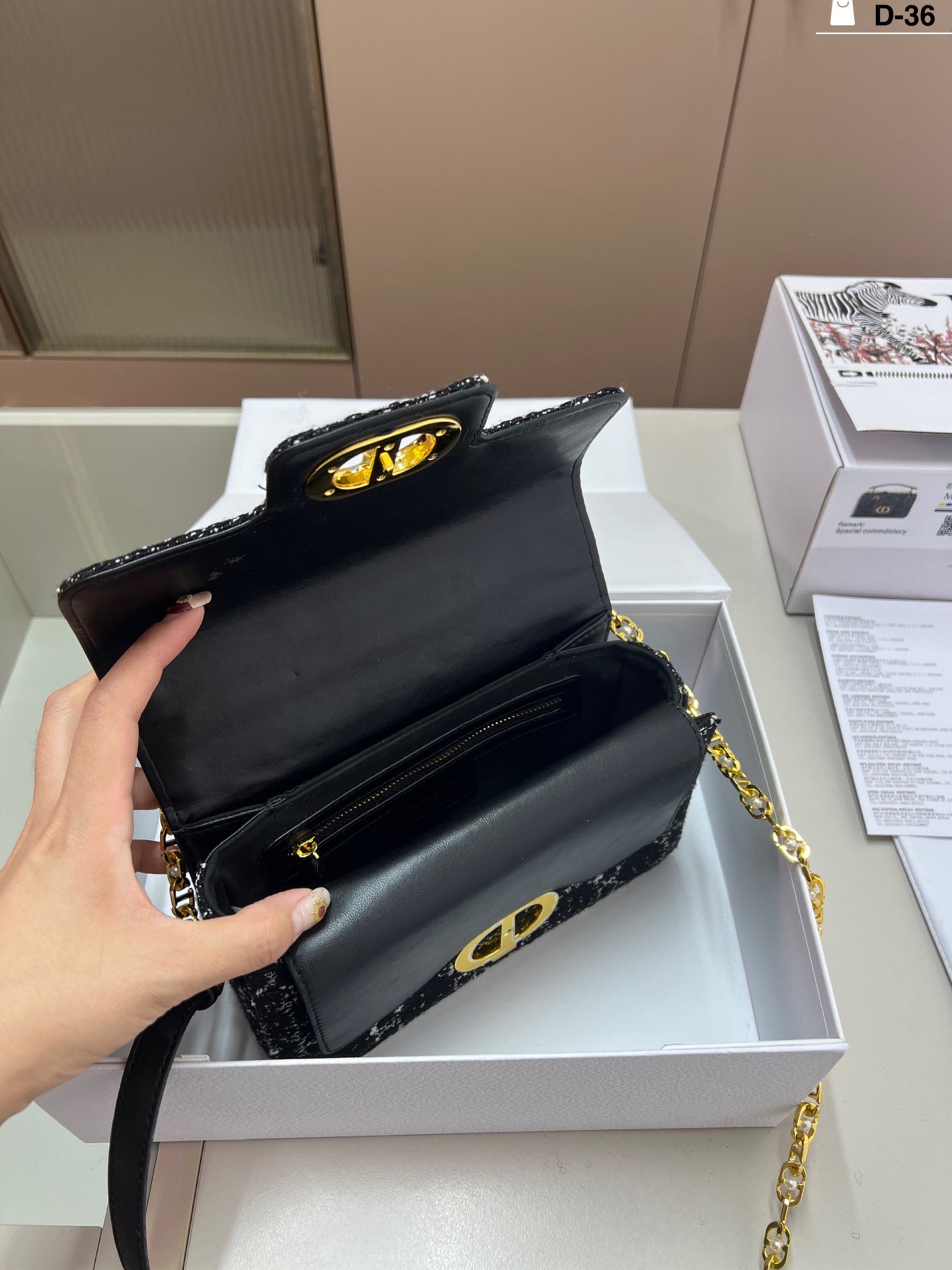 Dior Chain Clutch – Black & White Textured Finish with Gold CD Clasp