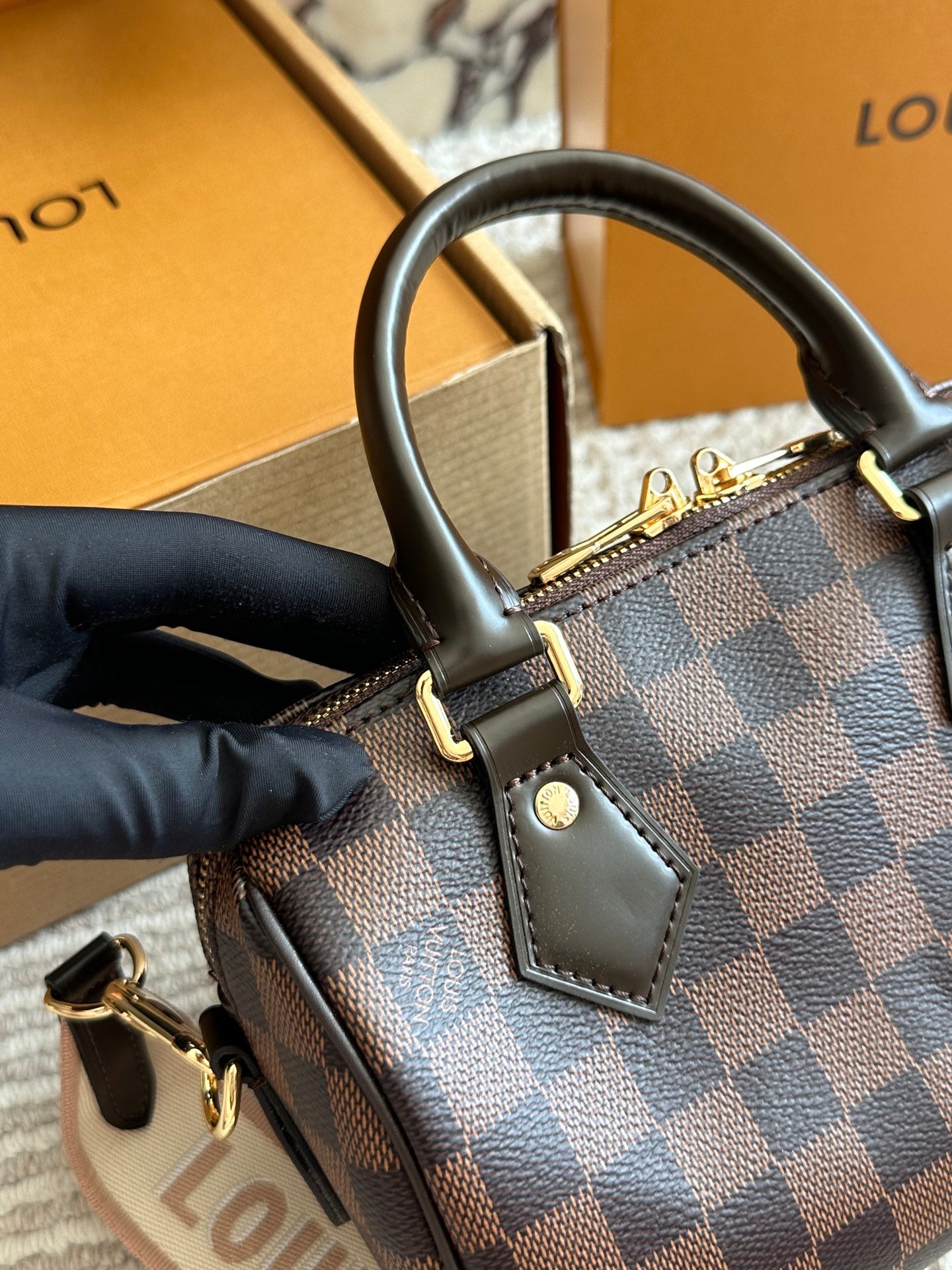 Louis Vuitton handbag with checkered pattern held by a gloved hand, with brand box in the background.