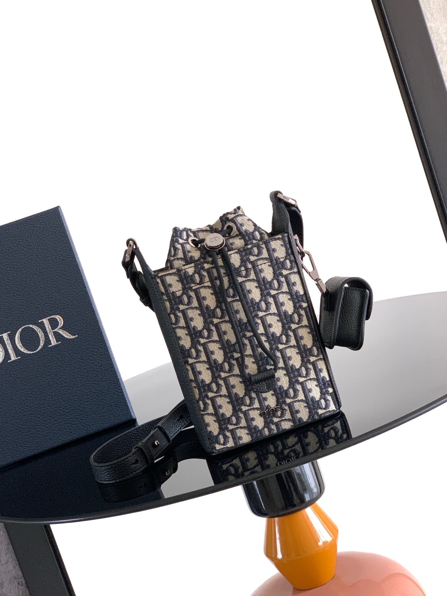 Dior Bucket Bag – Black Leather & Monogram Canvas with Drawstring Closure