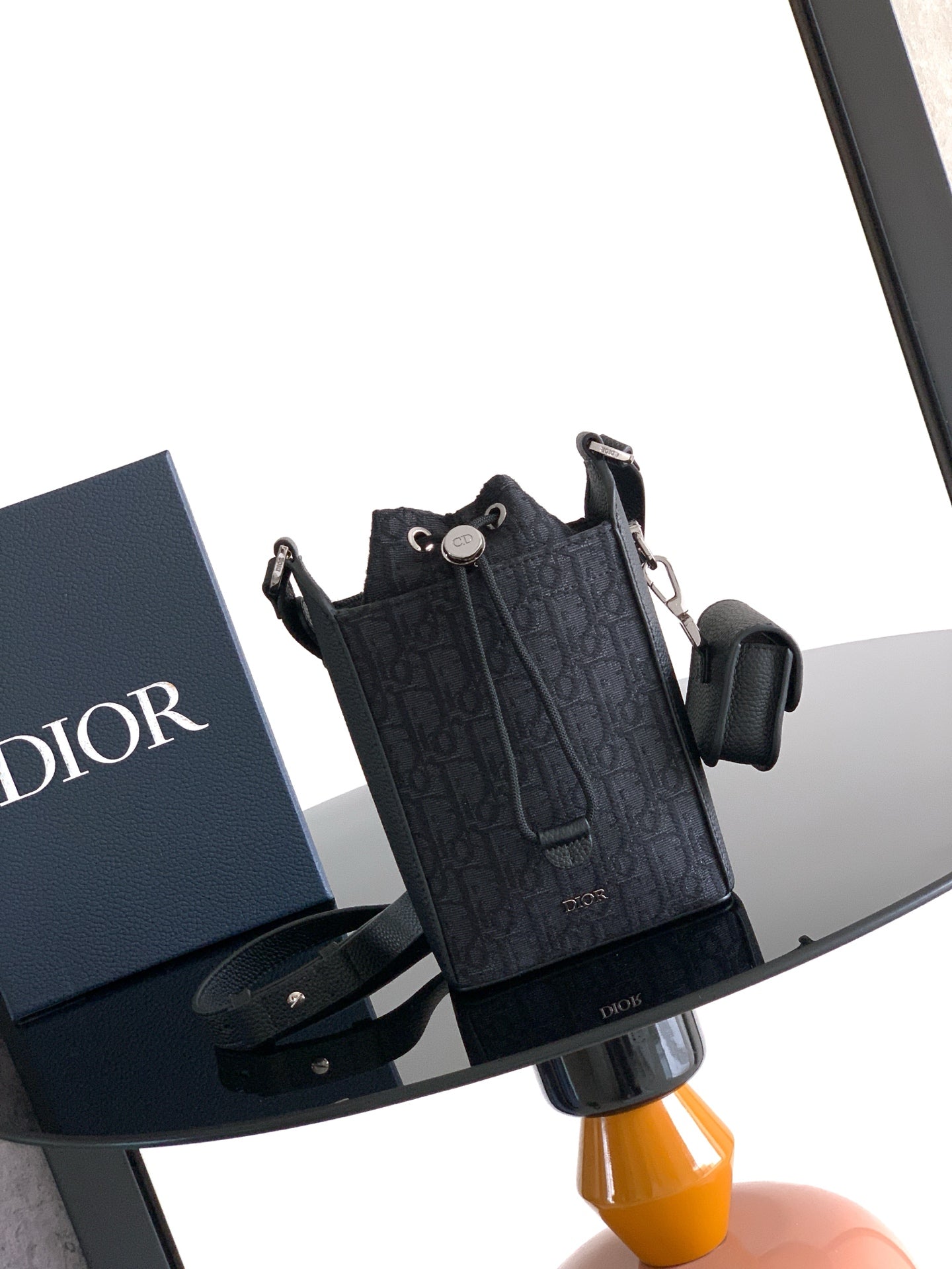 Dior Bucket Bag – Black Leather & Monogram Canvas with Drawstring Closure