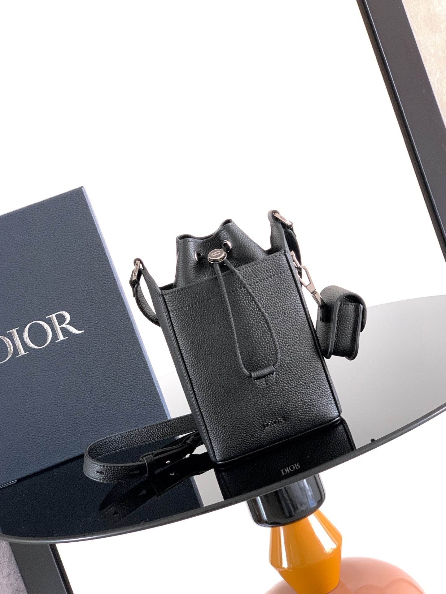 Dior Bucket Bag – Black Leather & Monogram Canvas with Drawstring Closure