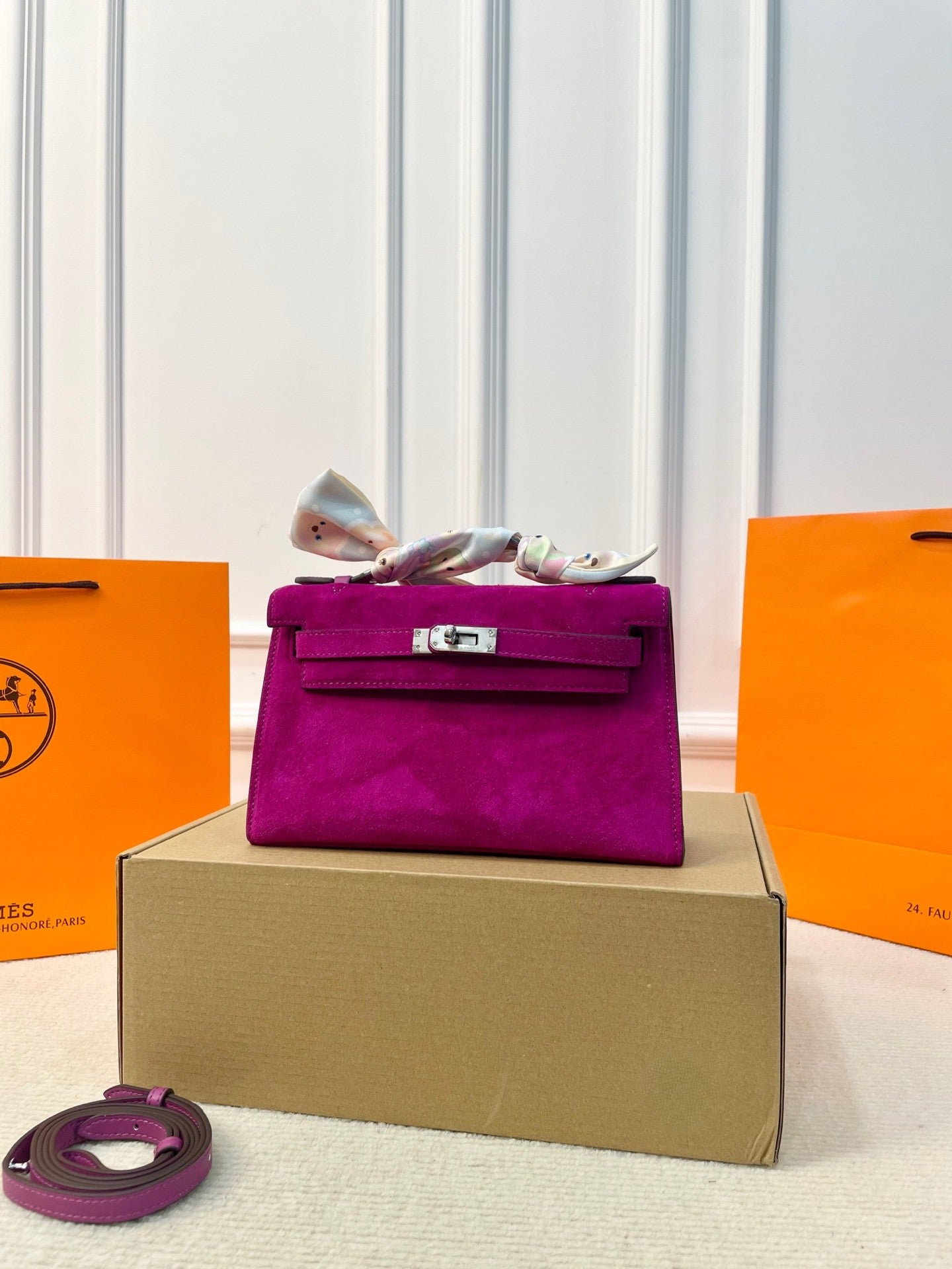 Hermès Mini Kelly 1st Generation – Suede Leather with Silk Scarf Handle in 6 Colors