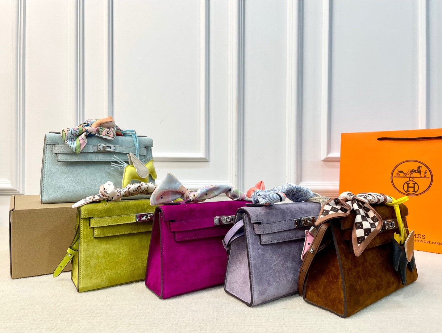 Hermès Mini Kelly 1st Generation – Suede Leather with Silk Scarf Handle in 6 Colors
