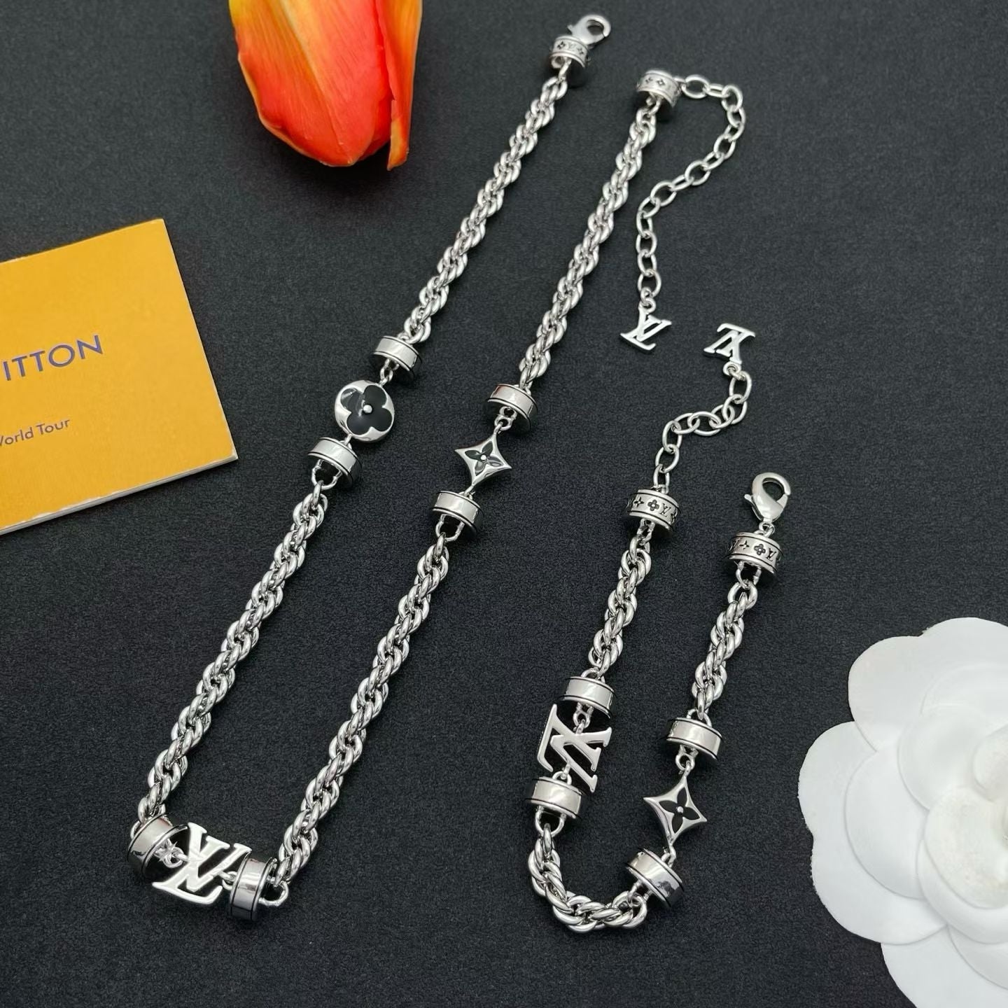 Louis Vuitton Necklace & Bracelet Set Monogram Charms